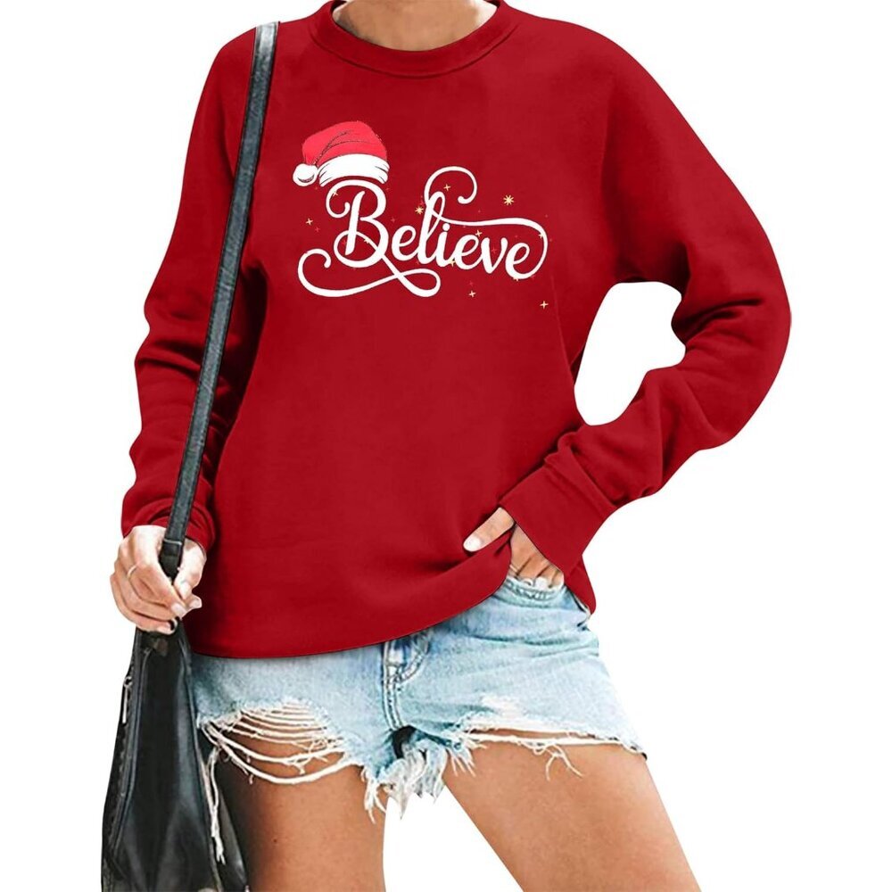 Women Christmas Sweatshirt Santa Print Crewneck Gift Holiday Casual